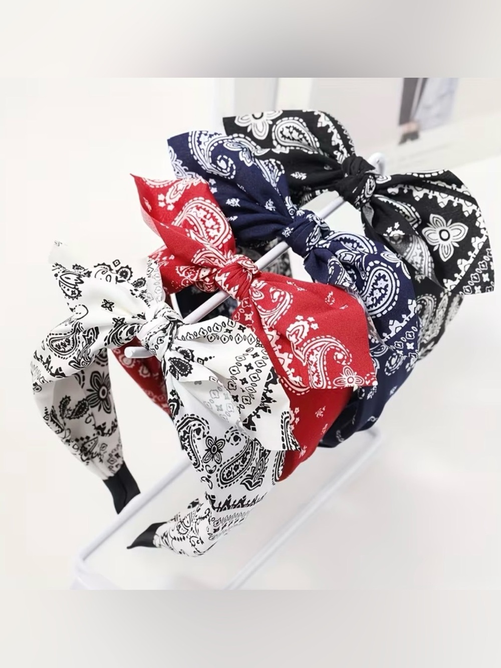 Bandana Print Bow Headbands - White, Red, Navy, Black. Set of 4
